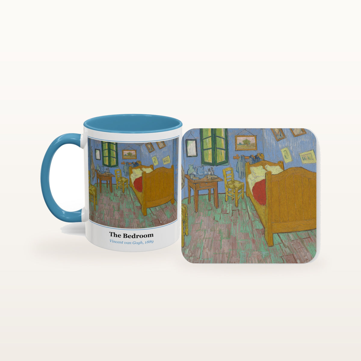 The Bedroom mug and the matching coaster side by side, both printed with the painting