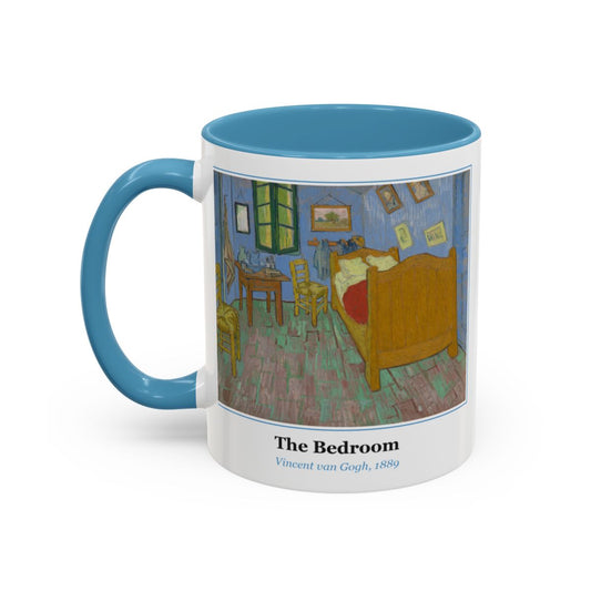#31 The Bedroom mug — the framed painting with its title and artist beneath, as seen from across the table