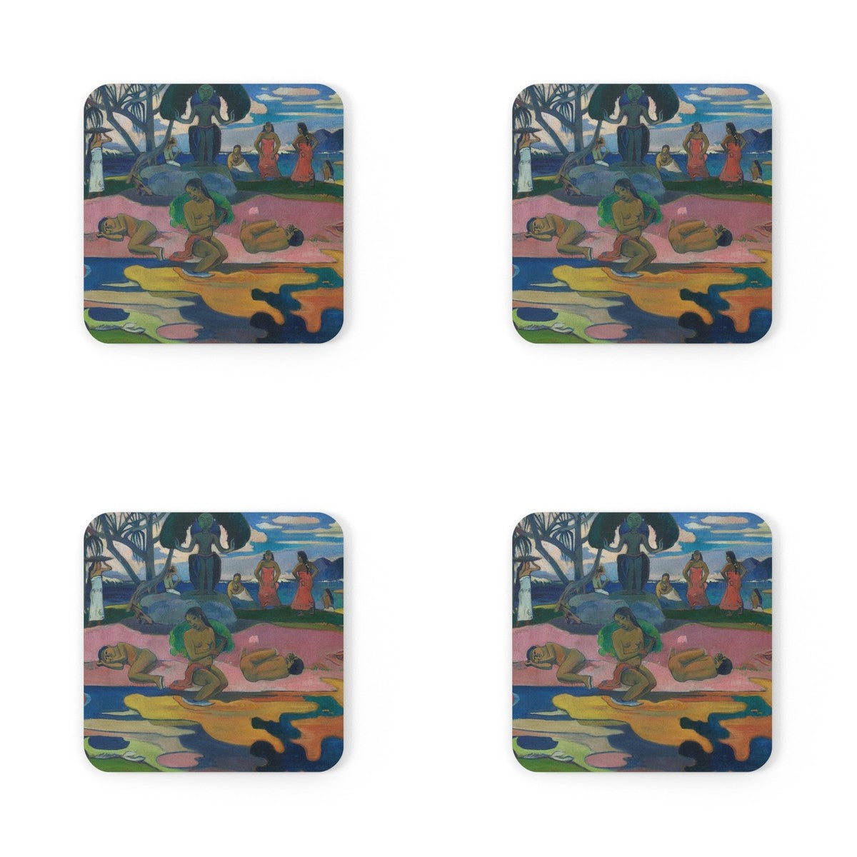 Four coasters printed with Mahana no atua
