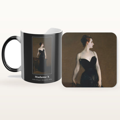 The Madame X mug and the matching coaster side by side, both printed with the painting