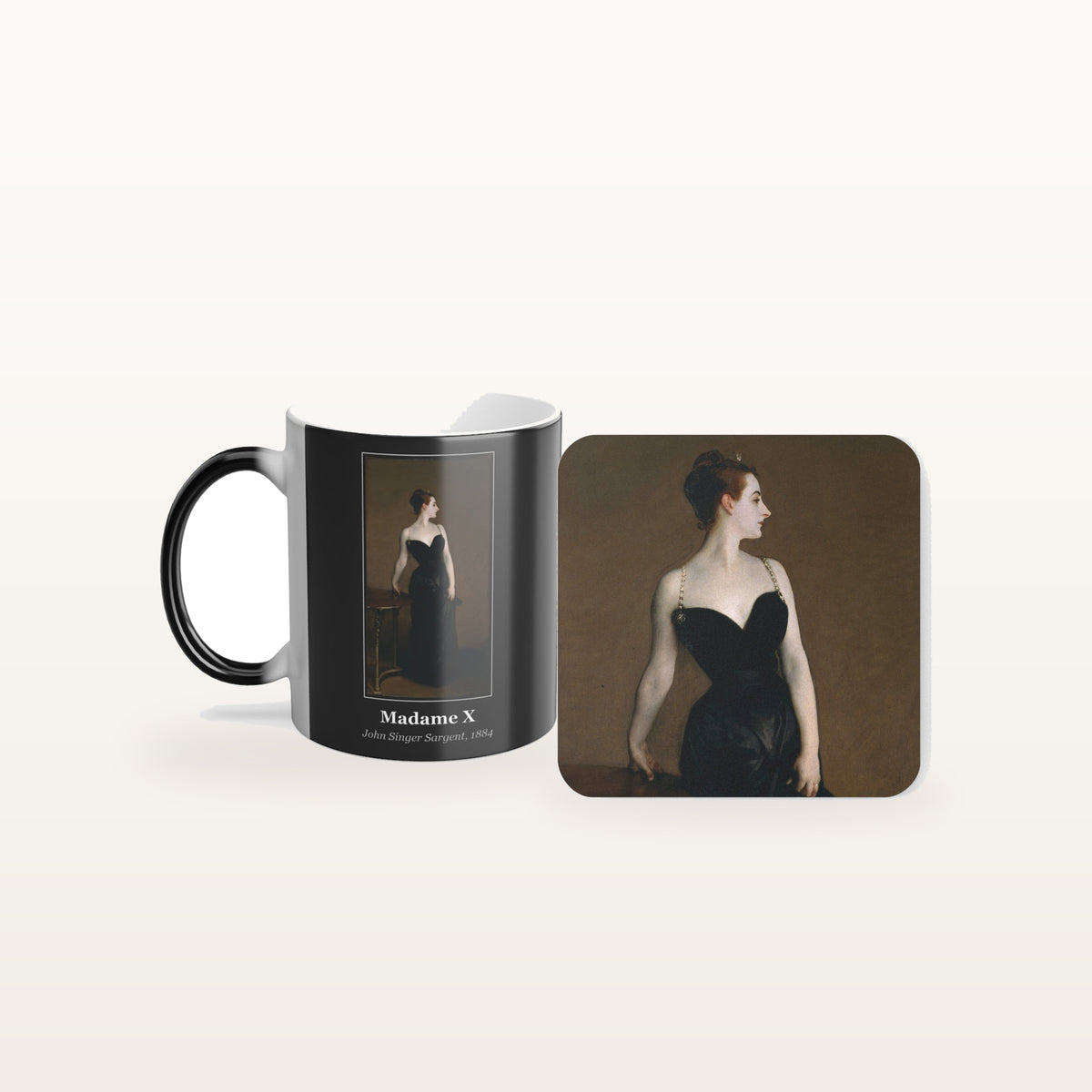 The Madame X mug and the matching coaster side by side, both printed with the painting
