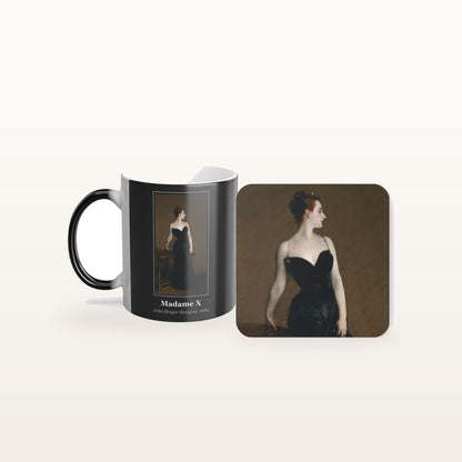 The Madame X mug and the matching coaster side by side, both printed with the painting