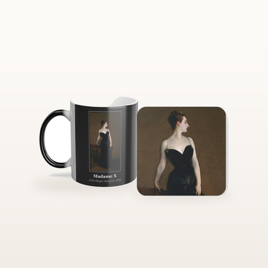 The Madame X mug and the matching coaster side by side, both printed with the painting