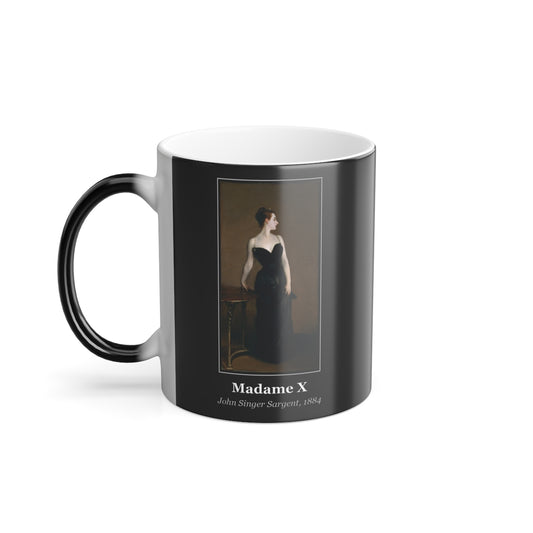 #32 Madame X mug — the framed painting with its title and artist beneath, as seen from across the table