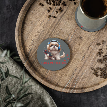 #18 Ready Player One round coaster on a wooden board beside a cup of coffee