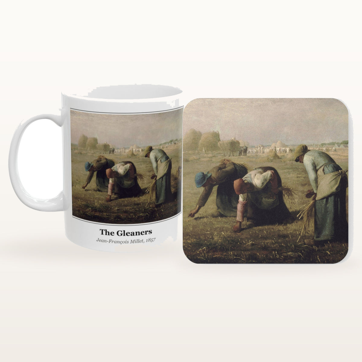 The Gleaners mug and the matching coaster side by side, both printed with the painting