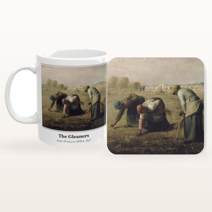 The Gleaners mug and the matching coaster side by side, both printed with the painting