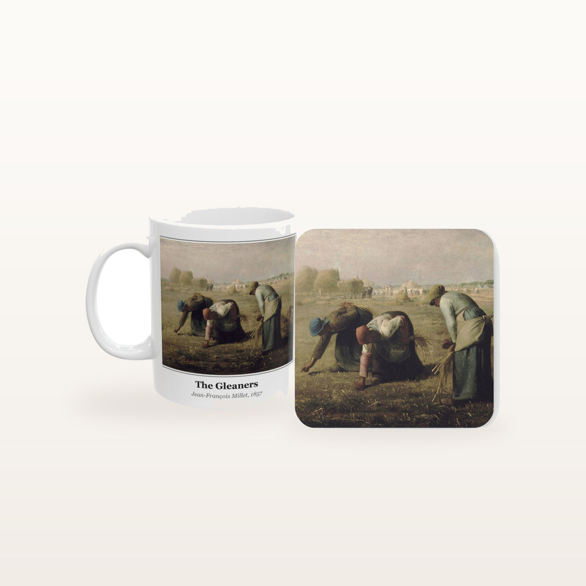 The Gleaners mug and the matching coaster side by side, both printed with the painting