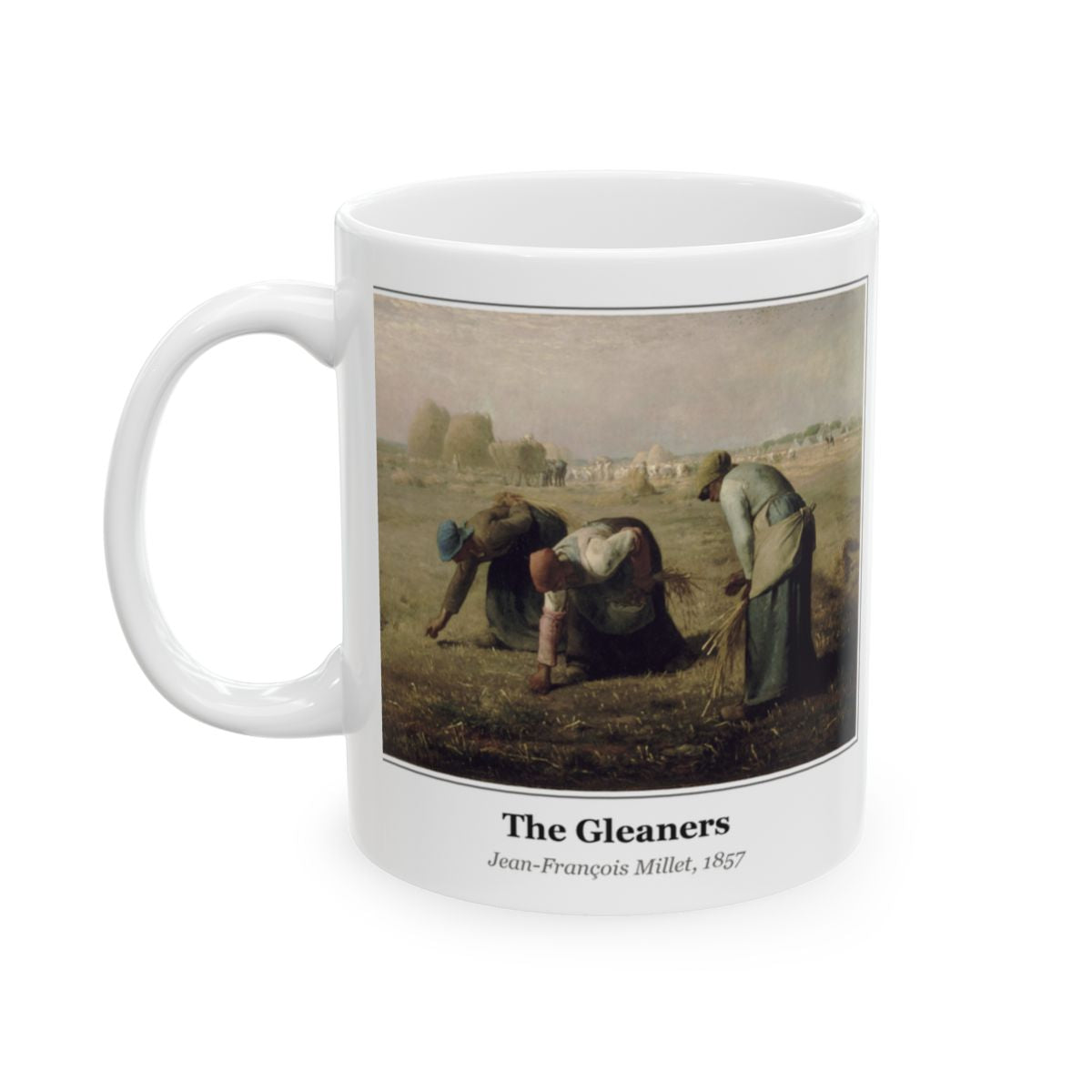 #33 The Gleaners mug — the framed painting with its title and artist beneath, as seen from across the table