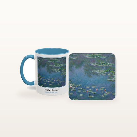 The Water Lilies mug and the matching coaster side by side, both printed with the painting