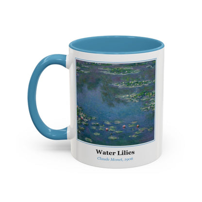 #34 Water Lilies mug — the framed painting with its title and artist beneath, as seen from across the table