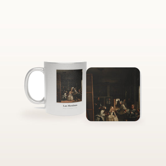 The Las Meninas mug and the matching coaster side by side, both printed with the painting