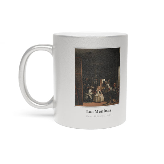 #35 Las Meninas mug — the framed painting with its title and artist beneath, as seen from across the table