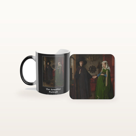 The Arnolfini Portrait mug and the matching coaster side by side, both printed with the painting