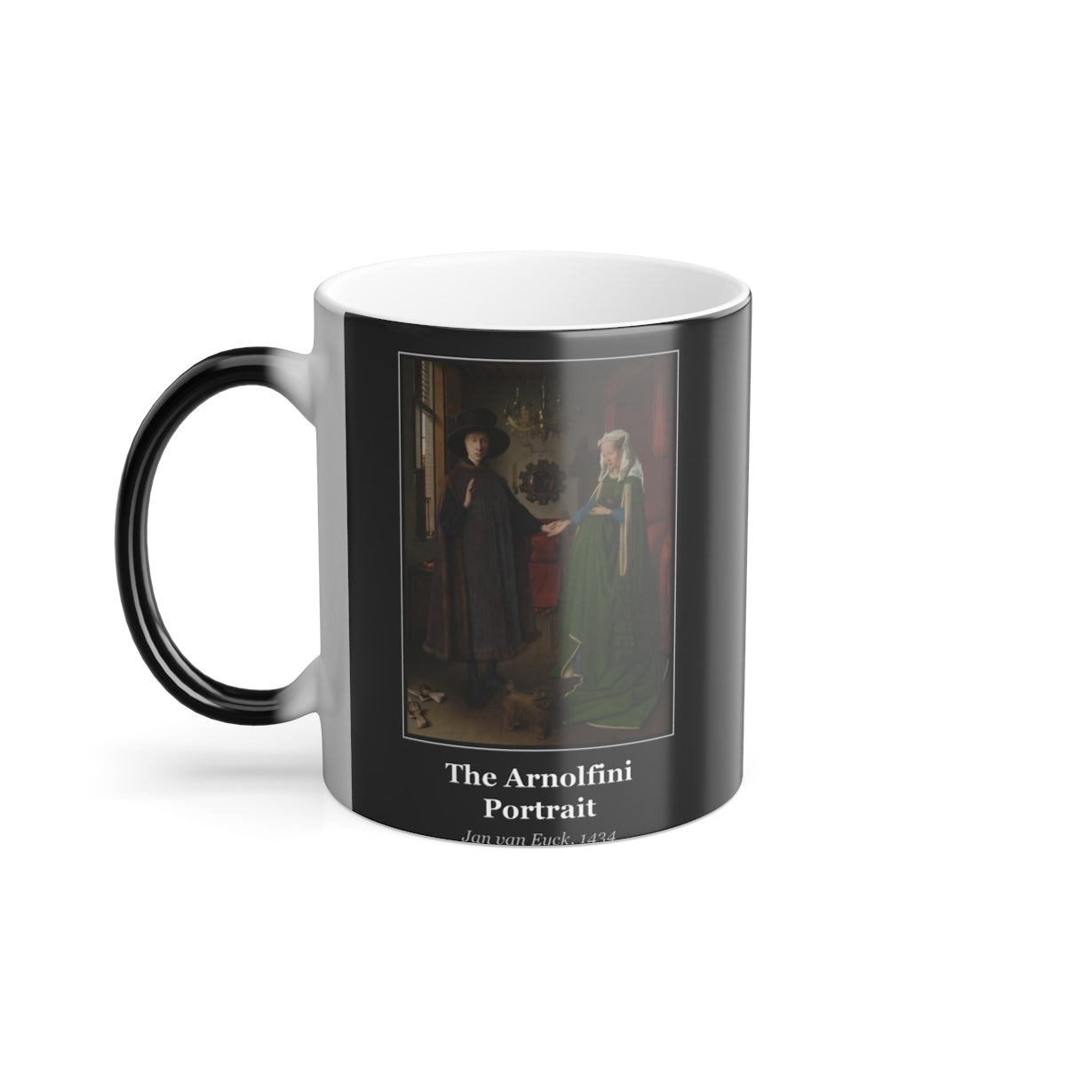 #36 The Arnolfini Portrait mug — the framed painting with its title and artist beneath, as seen from across the table