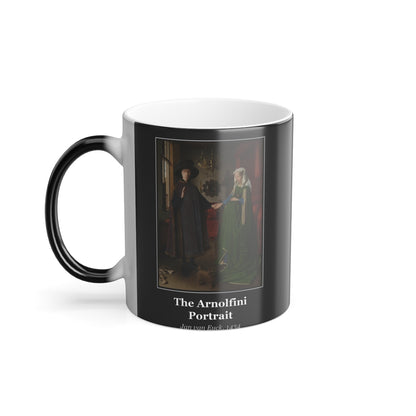 #36 The Arnolfini Portrait mug — the framed painting with its title and artist beneath, as seen from across the table