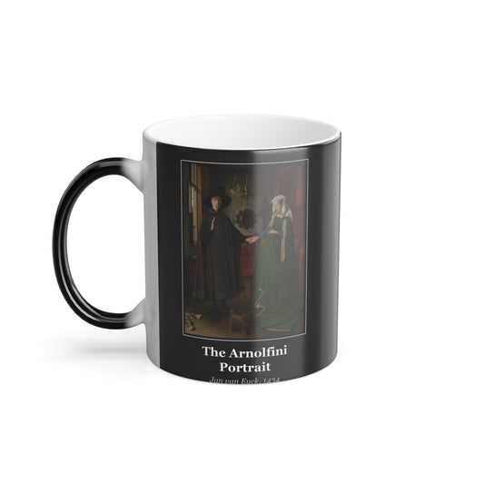 #36 The Arnolfini Portrait mug — the framed painting with its title and artist beneath, as seen from across the table