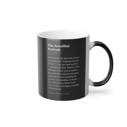 #36 The Arnolfini Portrait mug — the story of the painting, on the face the drinker reads