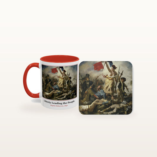 The Liberty Leading the People mug and the matching coaster side by side, both printed with the painting