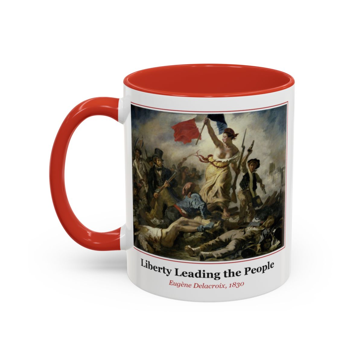 #37 Liberty Leading the People mug — the framed painting with its title and artist beneath, as seen from across the table