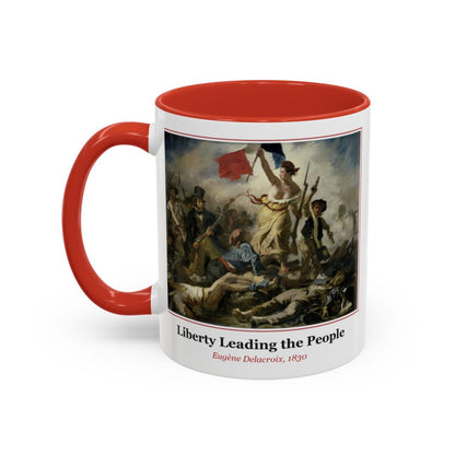 #37 Liberty Leading the People mug — the framed painting with its title and artist beneath, as seen from across the table