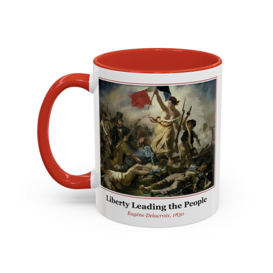 #37 Liberty Leading the People mug — the framed painting with its title and artist beneath, as seen from across the table