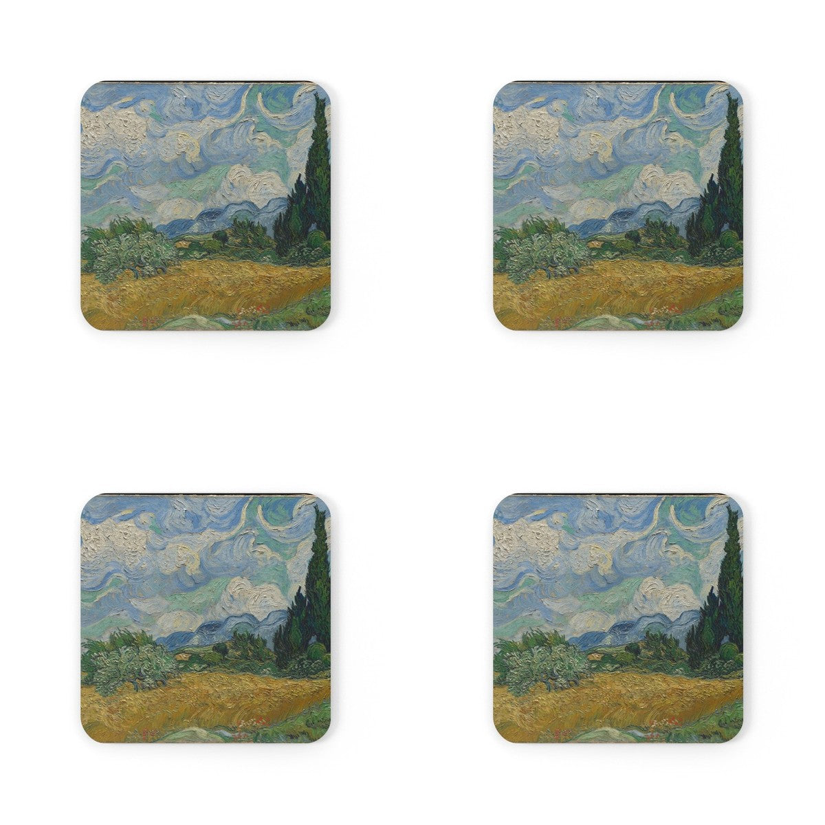 Four coasters printed with Wheat Field with Cypresses
