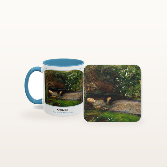 The Ophelia mug and the matching coaster side by side, both printed with the painting