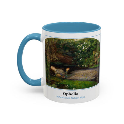 #38 Ophelia mug — the framed painting with its title and artist beneath, as seen from across the table
