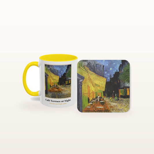 The Café Terrace at Night mug and the matching coaster side by side, both printed with the painting