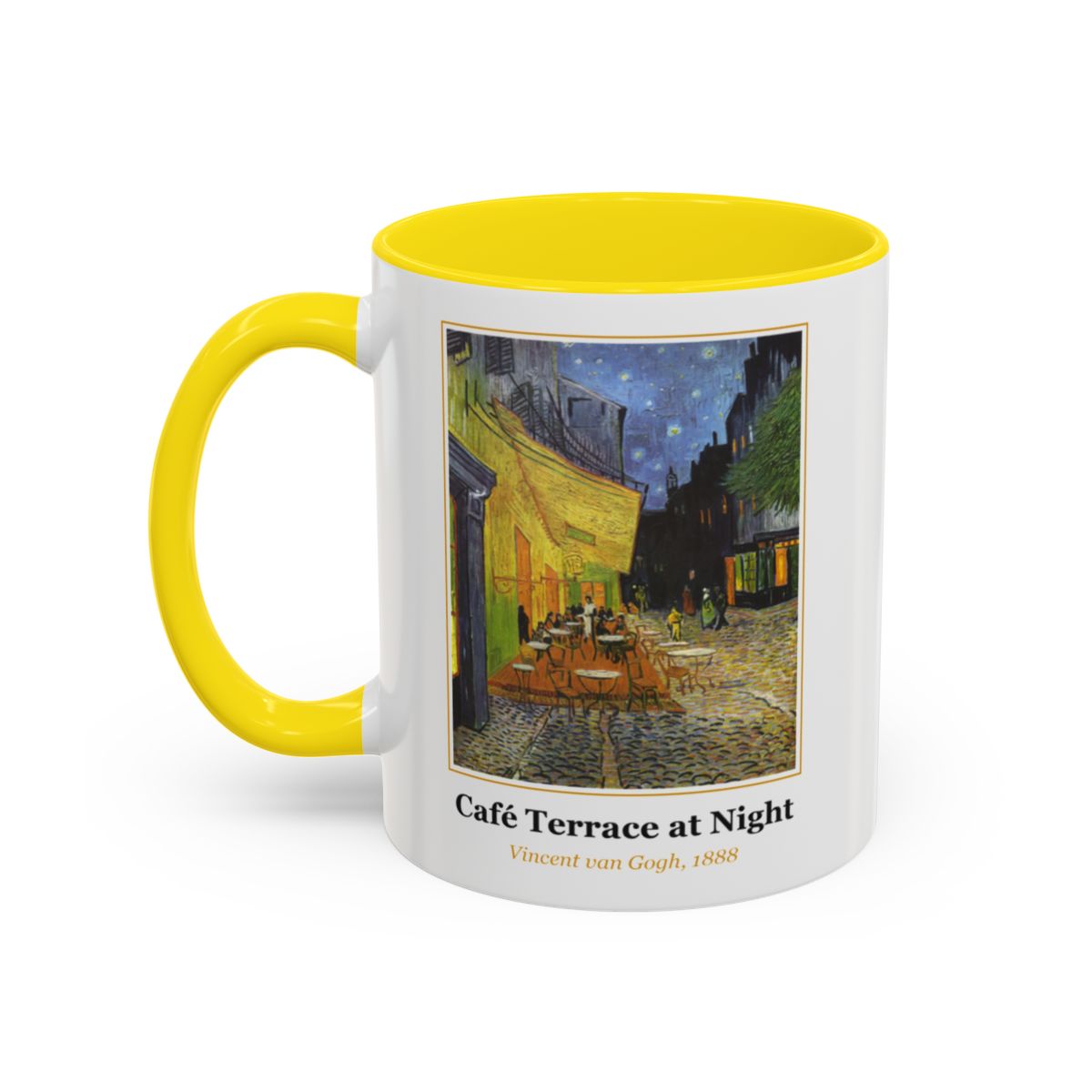 #40 Café Terrace at Night mug — the framed painting with its title and artist beneath, as seen from across the table
