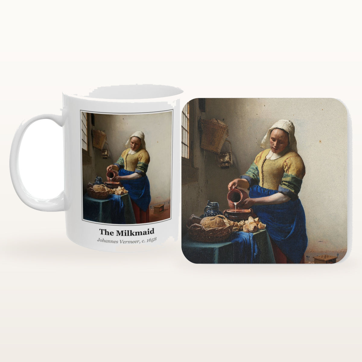 The Milkmaid mug and the matching coaster side by side, both printed with the painting