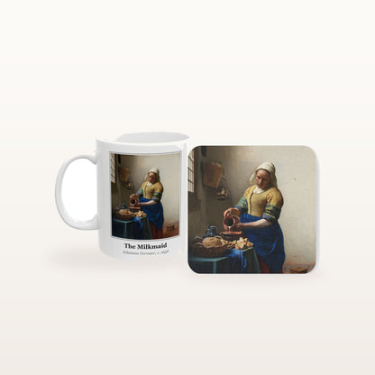 The Milkmaid mug and the matching coaster side by side, both printed with the painting