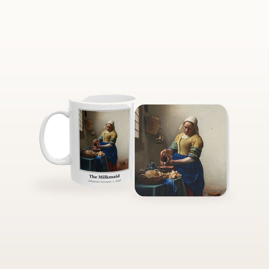 The Milkmaid mug and the matching coaster side by side, both printed with the painting