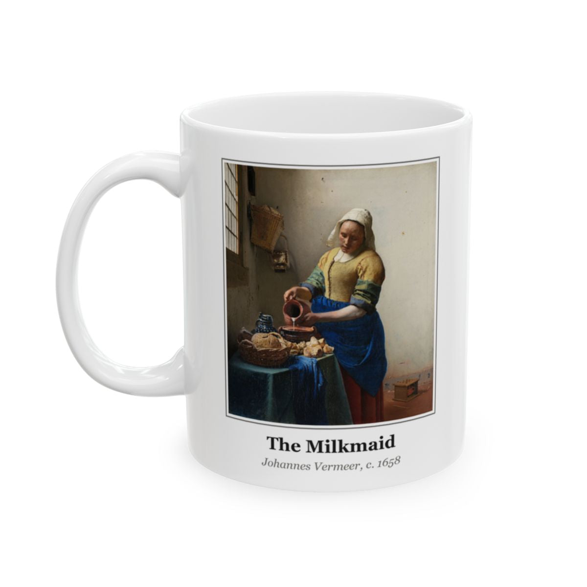 #41 The Milkmaid mug — the framed painting with its title and artist beneath, as seen from across the table