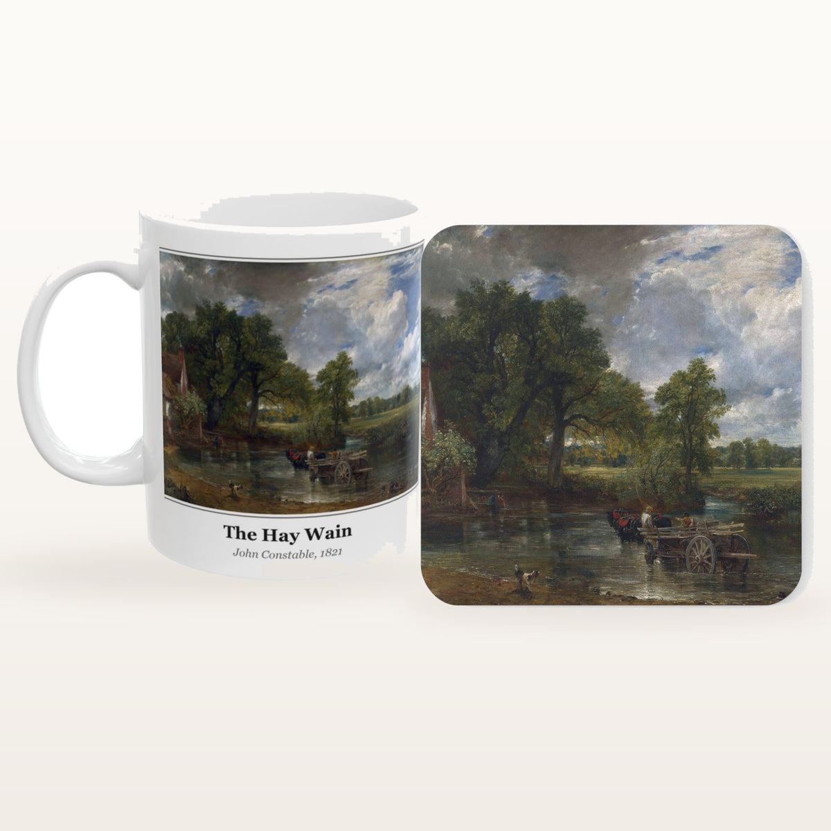 The Hay Wain mug and the matching coaster side by side, both printed with the painting
