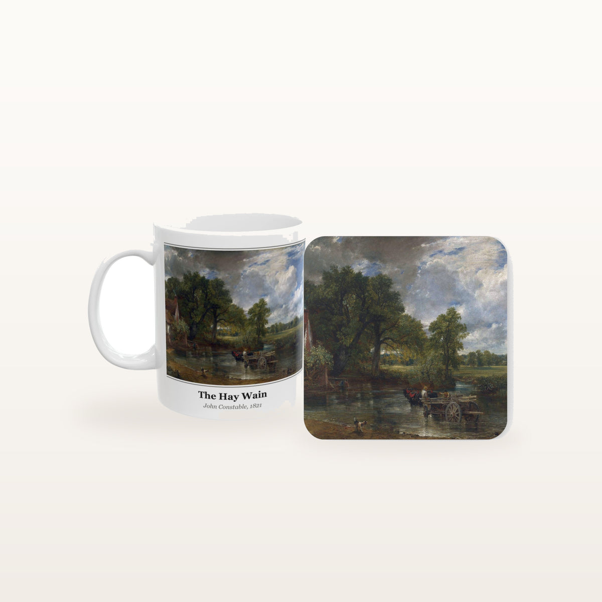The Hay Wain mug and the matching coaster side by side, both printed with the painting