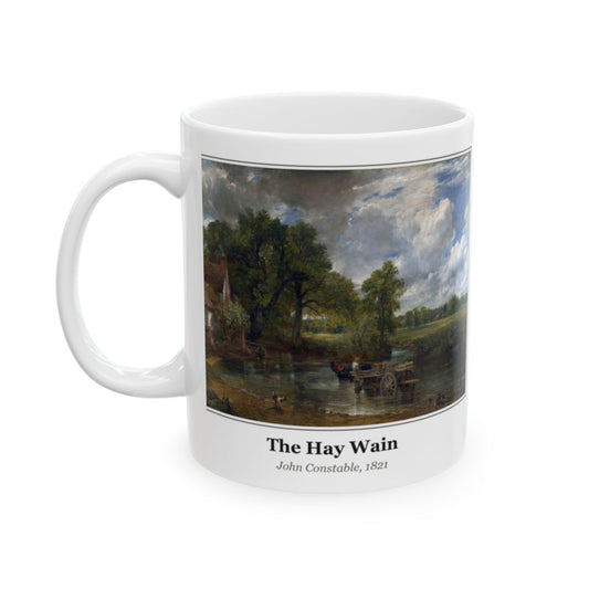 #42 The Hay Wain mug — the framed painting with its title and artist beneath, as seen from across the table