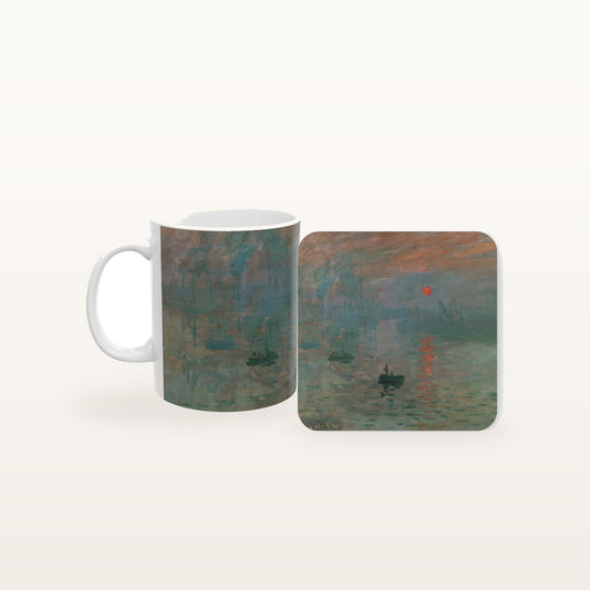 The Impression, Sunrise mug and the matching coaster side by side, both printed with the painting