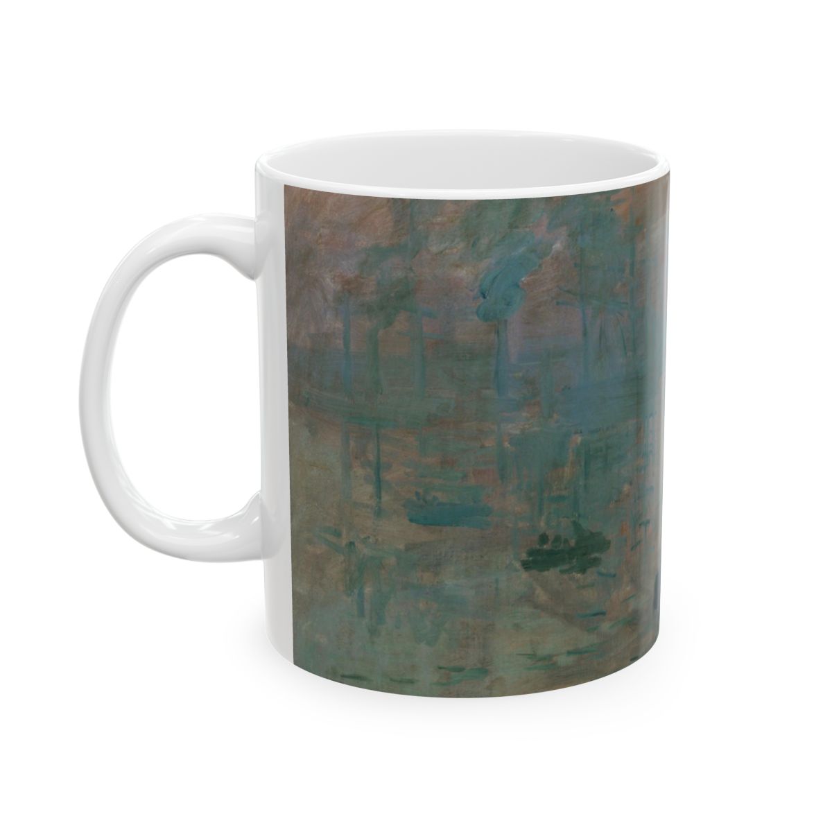 #43 Impression, Sunrise mug — the painting wrapped right around the mug, as seen from across the table