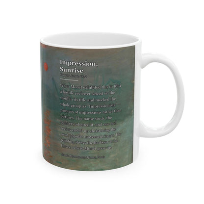 #43 Impression, Sunrise mug — the story set over the painting, on the face the drinker reads
