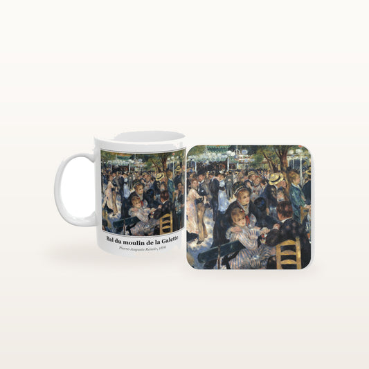 The Bal du moulin de la Galette mug and the matching coaster side by side, both printed with the painting