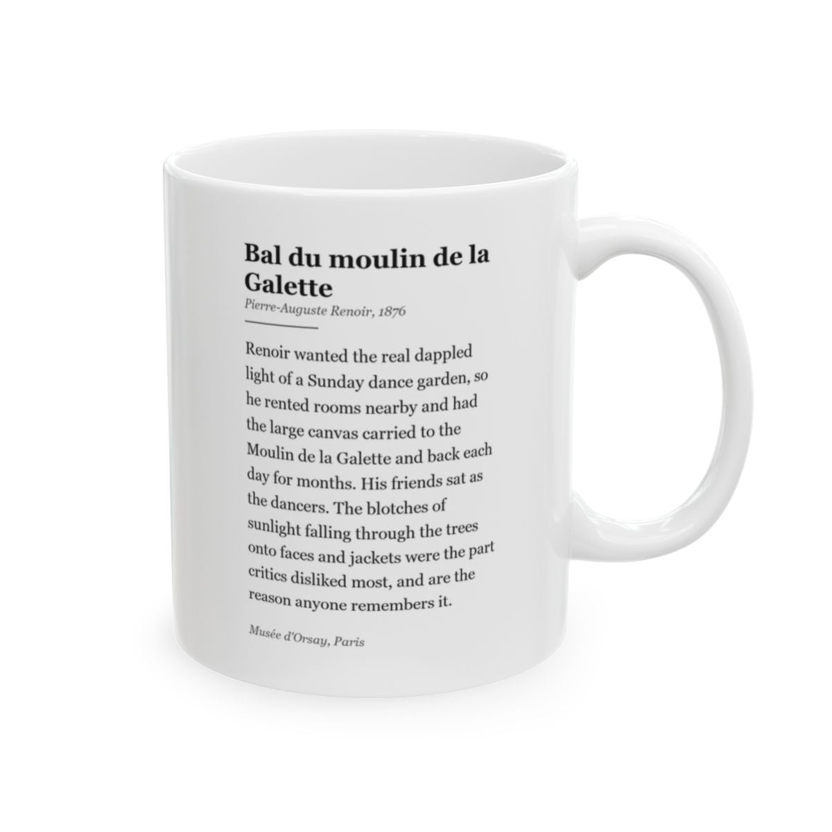 #44 Bal du moulin de la Galette mug — the story of the painting, on the face the drinker reads