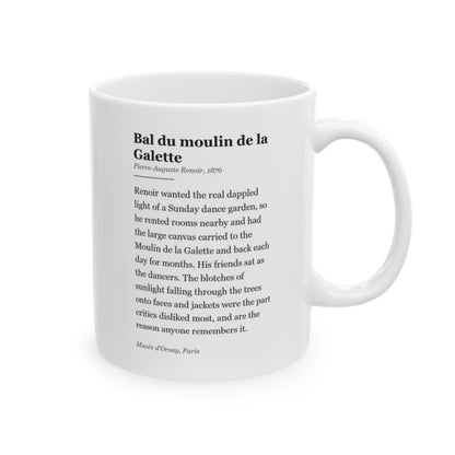 #44 Bal du moulin de la Galette mug — the story of the painting, on the face the drinker reads