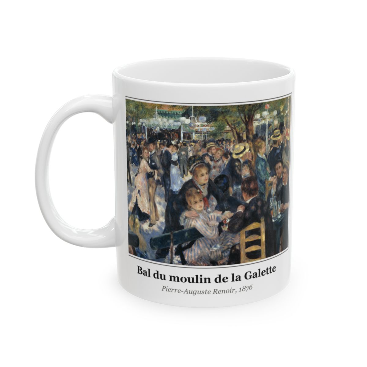 #44 Bal du moulin de la Galette mug — the framed painting with its title and artist beneath, as seen from across the table