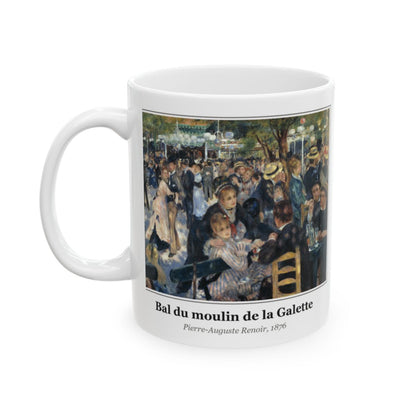 #44 Bal du moulin de la Galette mug — the framed painting with its title and artist beneath, as seen from across the table