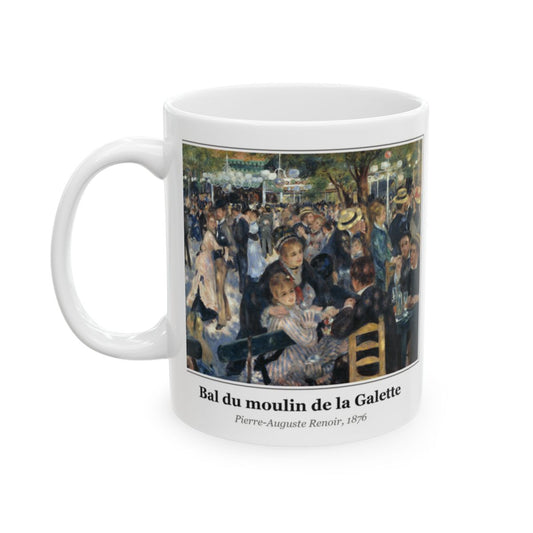 #44 Bal du moulin de la Galette mug — the framed painting with its title and artist beneath, as seen from across the table