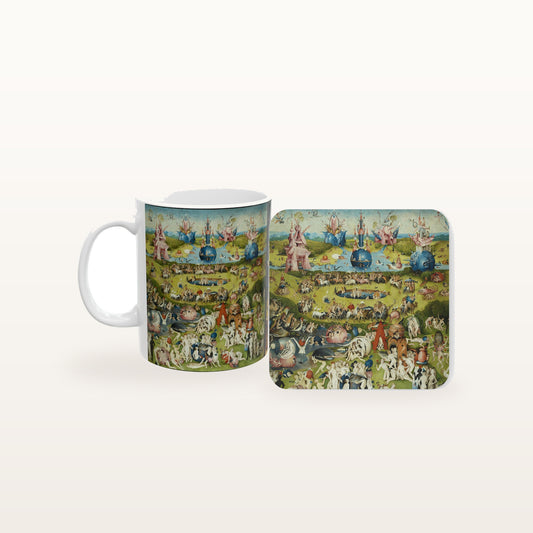 The Garden of Earthly Delights mug and the matching coaster side by side, both printed with the painting