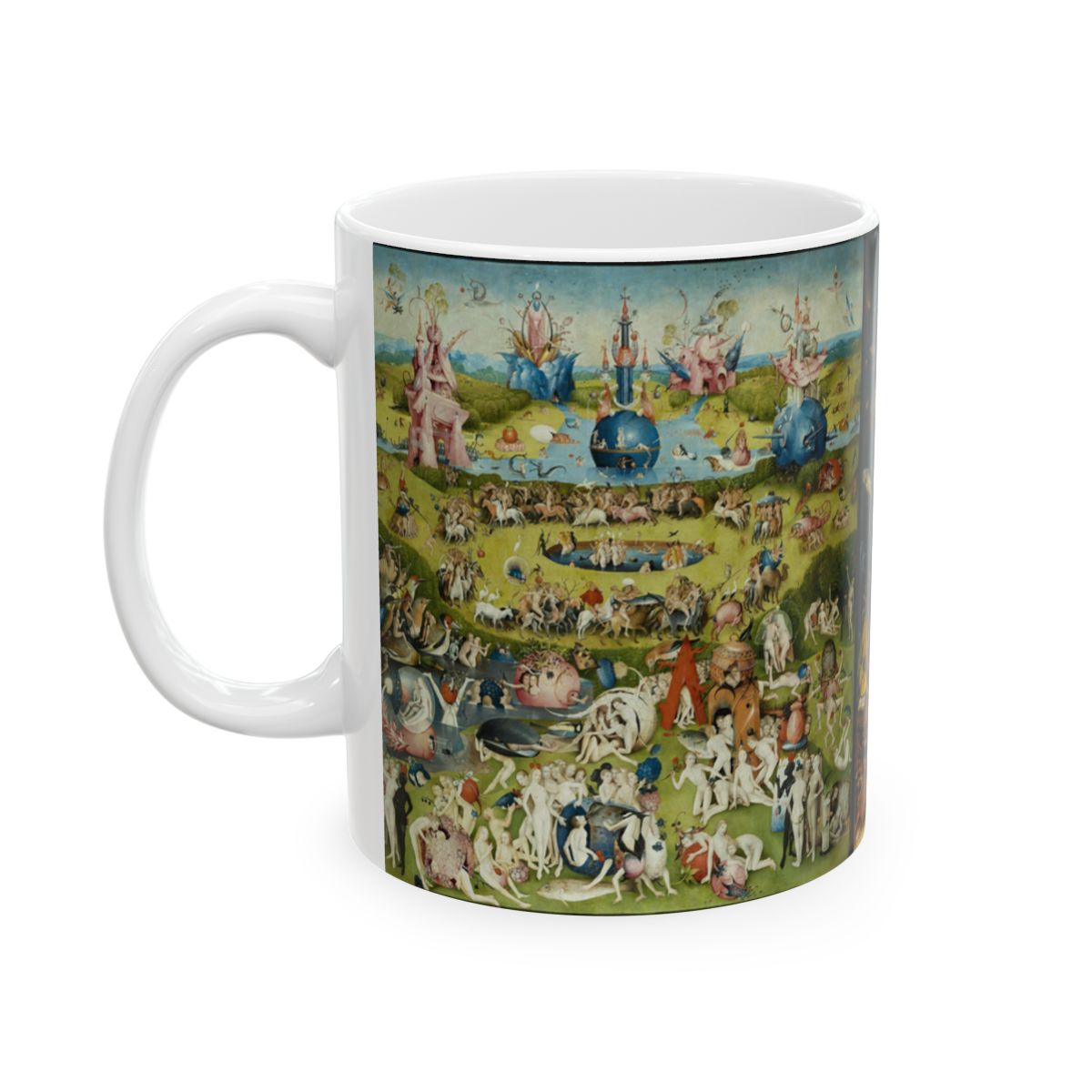 #45 The Garden of Earthly Delights mug — the painting at full height, as seen from across the table