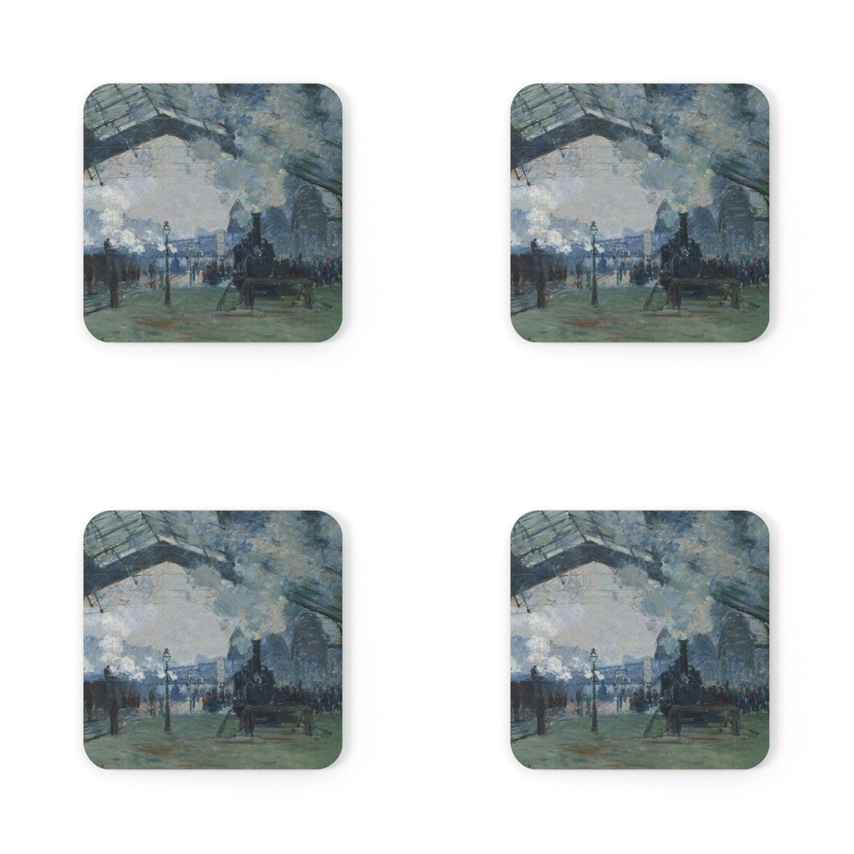 Four coasters printed with Arrival of the Normandy Train, Gare Saint-Lazare